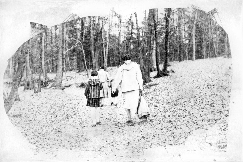 Eine Frau geht mit einem Kind an der Hand in den Wald